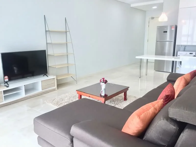Living features: 3-seater fabric sofa in dark brown, orange decorative cushions, coffee table with red legs, area rug in beige, wall-mounted TV, TV console with storage, open shelving unit, marble tile flooring, recessed downlights, pendant light fixture, large window with natural light; style: modern.