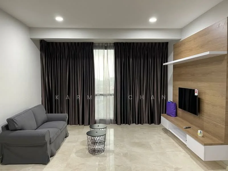 Living features: grey fabric 3-seater sofa, black wire coffee table, white TV console, wall-mounted TV, marble tile flooring, white painted walls, floor-to-ceiling windows, dark brown curtains, decorative items on console; style: modern.