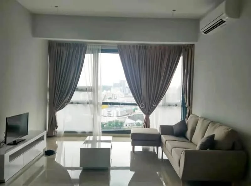 Living features: floor-to-ceiling windows, sheer curtains, grey fabric sofa, white coffee table, TV console, wall-mounted TV, marble flooring, air conditioning unit, decorative wall, city view; style: modern; view: city.