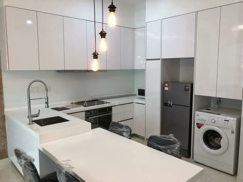 Kitchen features: white high-gloss cabinetry, marble countertop, single-bowl stainless-steel sink, chrome pull-down faucet, built-in oven, freestanding range oven, stainless-steel fridge, front-load washing machine, pendant lighting, open layout, tile flooring, backlit wall, island with seating; style: modern.