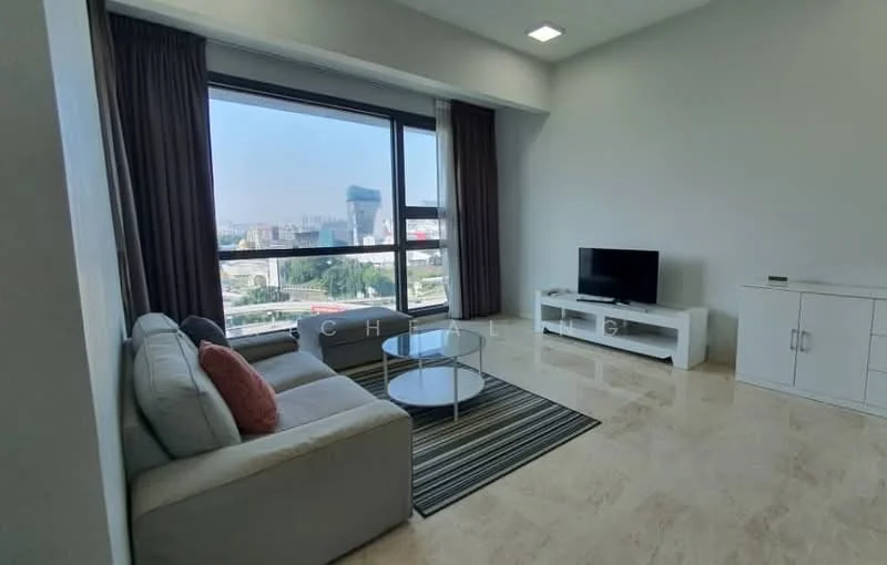 Living features: 3-seater fabric sofa in light grey, 2 accent pillows in red, round coffee table with glass top, area rug with striped pattern, wall-mounted TV, TV console in white, large floor-to-ceiling windows, curtains in dark brown, marble flooring, recessed ceiling lights; style: modern; view: city.