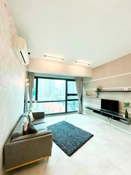 Living features: grey fabric 3-seater sofa, black area rug, wall-mounted TV, floating TV console, floor-to-ceiling windows, curtains, recessed LED downlights, air conditioning unit, light wood flooring, decorative wall with textured finish; style: modern; view: city.