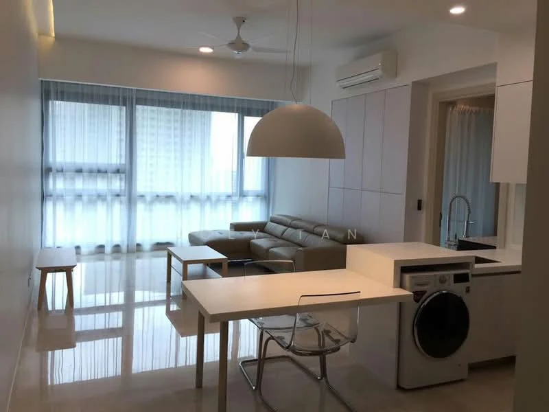 Living features: cream painted walls, marble tile flooring, 5-blade ceiling fan, floor-to-ceiling windows, sheer curtains, L-shape sectional sofa in light grey, white dining table, transparent dining chairs, built-in cabinetry, stainless-steel sink, chrome pull-down faucet, front-load washing machine; style: modern; view: city.