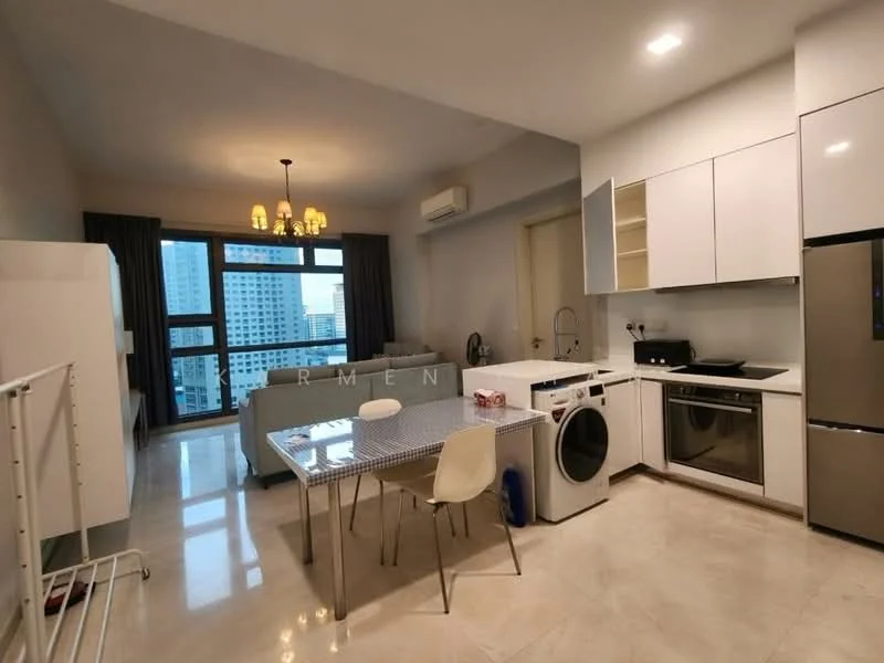 Kitchen features: white cabinetry, stainless-steel refrigerator, built-in oven, 4-burner gas hob, stainless-steel sink, chrome pull-down faucet, dishwasher, marble countertop, pendant lighting, dining table with chrome legs, white chairs, washing machine, floor-to-ceiling windows, grey sofa, curtains, polished marble flooring; style: modern; view: city.