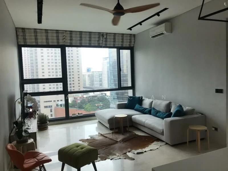 Living features: 3-seater fabric sofa in light grey, blue decorative cushions, coffee table, area rug with animal hide pattern, floor-to-ceiling windows, city skyline view, ceiling fan, wall-mounted air conditioning unit, decorative plant on side table, wooden side table, plaid window treatment; style: modern; view: city.
