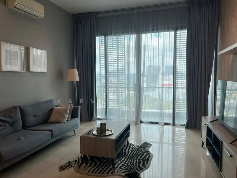 Living features: grey fabric 3-seater sofa, coffee table with wooden legs, area rug with animal print, floor-to-ceiling windows, sheer curtains, city skyline view, marble flooring, wall-mounted TV console, decorative wall art, standing lamp; style: modern; view: city.