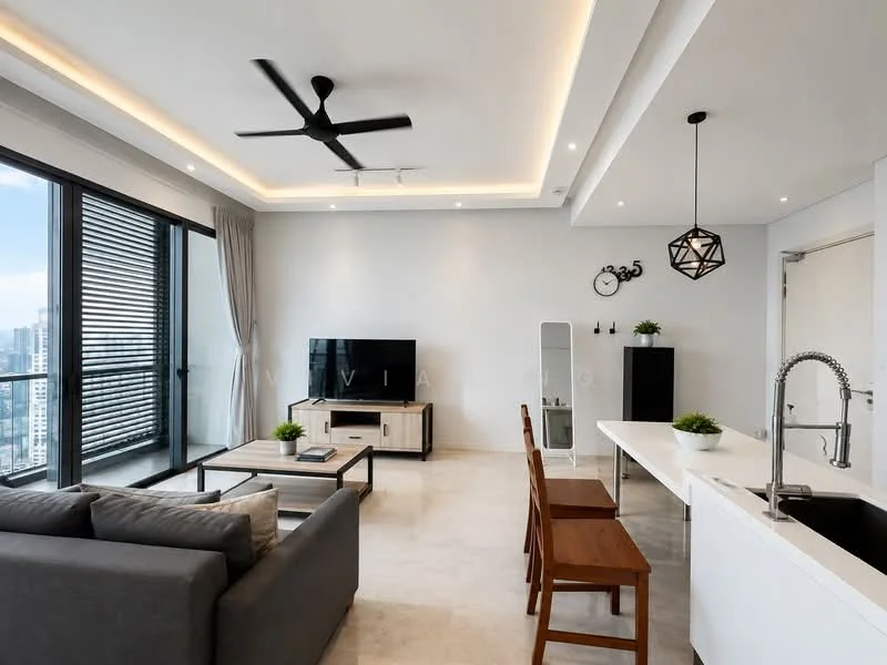Living features: grey fabric sofa, 3-seater sofa, wooden coffee table, TV console with storage, wall-mounted TV, ceiling fan with light, recessed LED downlights, large floor-to-ceiling windows, curtains, decorative wall clock, pendant light fixture, neutral painted walls, light-colored flooring; style: modern; view: city. Dining features: white dining table, 4 wooden dining chairs, decorative plant on table; style: modern; view: city. Kitchen features: stainless-steel sink, chrome pull-down faucet, white cabinetry, open layout, countertop with bar seating; style: modern; view: city.