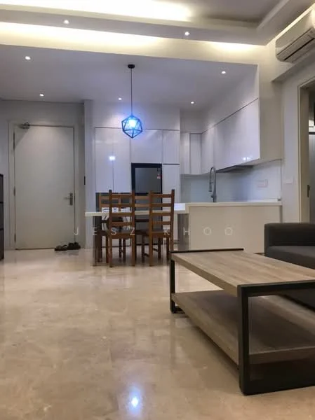 Living features: marble flooring, white painted walls, recessed downlights, pendant lamp, sofa, coffee table, dining table with chairs, kitchen with white cabinetry, stainless-steel sink, chrome faucet, open-plan layout; style: modern.