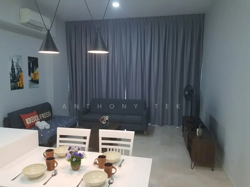 Living features: grey fabric sofa, 2-seater sofa, coffee table, TV console, wall-mounted TV, floor lamp, curtains in grey, air conditioning unit, decorative wall art, area rug; style: modern. Dining features: white dining table, 4 dining chairs, ceramic plates, cutlery, flower vase; style: modern.