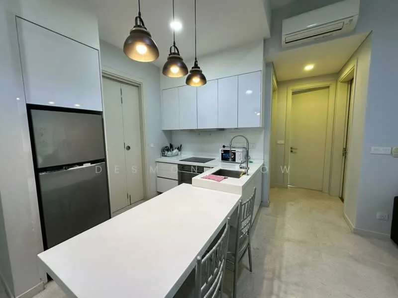 Kitchen features: white glossy cabinets, grey countertop, stainless-steel fridge, built-in oven, ceramic cooktop, single-bowl stainless-steel sink, chrome pull-down faucet, pendant lighting, bar stools, tile flooring, recessed downlights, wall-mounted air conditioning unit; style: modern. Room features: white painted walls, doorway leading to hallway, light-colored flooring.