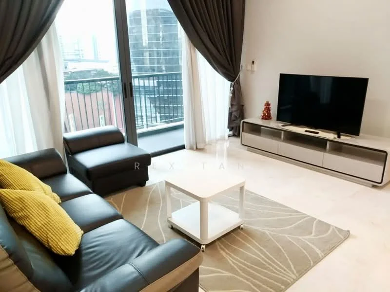 Living features: 3-seater leather sofa in dark grey, yellow decorative cushion, white coffee table, area rug with abstract pattern, wall-mounted TV, TV console in light wood finish, floor-to-ceiling windows, sheer curtains, balcony access, marble flooring, decorative plant on console; style: modern; view: city.