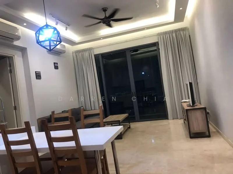 Living features: 5-blade ceiling fan with light, recessed downlights, floor-to-ceiling windows, sliding glass door, sheer curtains, cream painted walls, marble flooring, wooden coffee table, TV console, dining table with 6 chairs; style: modern; view: city.