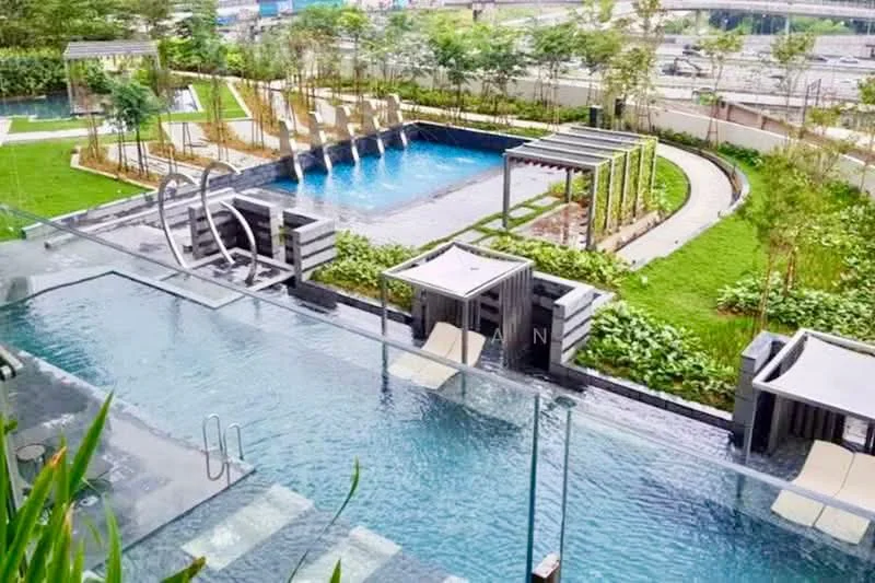 Exterior type: swimming pool deck; features: infinity pool with poolside loungers, lap pool, landscaped garden with manicured lawns, water features, pergola structures, pathways with greenery, surrounding trees and shrubs, modern outdoor furniture; style: modern.
