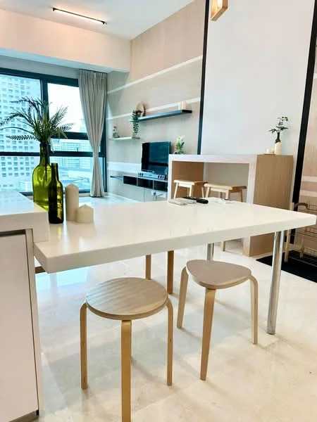Dining features: white dining table, 2 wooden stools, floor-to-ceiling windows, light wood cabinetry, black kitchen appliances, open shelving, decorative plants, neutral wall color, marble flooring, curtains, wall-mounted TV, minimalist decor; style: modern; view: city.
