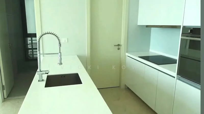 Kitchen features: white cabinetry, marble countertop, single-bowl stainless-steel sink, chrome pull-down faucet, built-in oven, induction cooktop, drawer storage, wall-mounted cabinets; style: modern.
