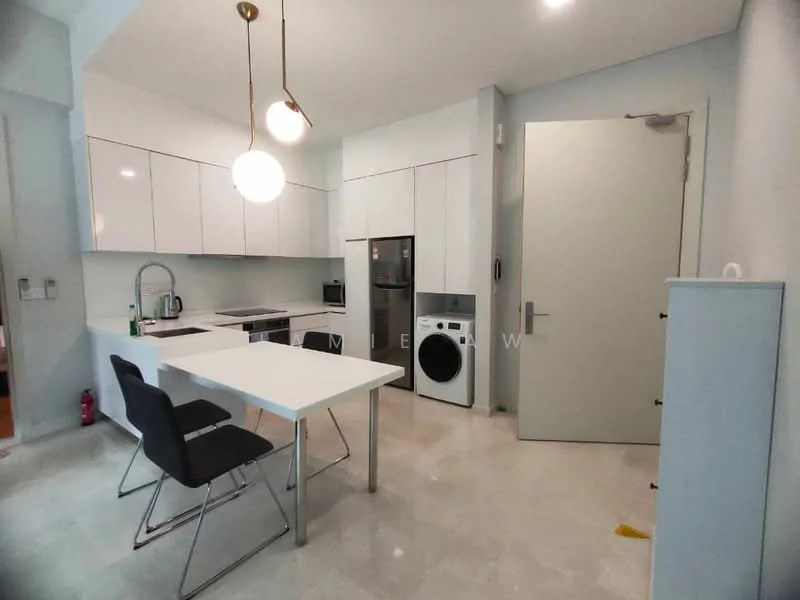 Kitchen features: white cabinetry, marble countertop, stainless-steel sink, chrome pull-down faucet, built-in oven, microwave, stainless-steel fridge, front-load washing machine, dining table with white surface, black dining chairs, pendant lighting, tile flooring, recessed downlights; style: modern.
