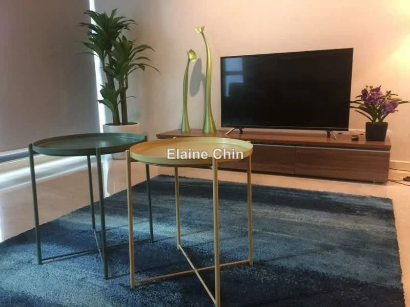Living features: flat-screen TV on wooden console, green plant in pot, decorative green lamp, purple flowers in pot, area rug with blue and green tones, two side tables with metal frames, wooden console with storage, large windows with sheer curtains; style: modern.