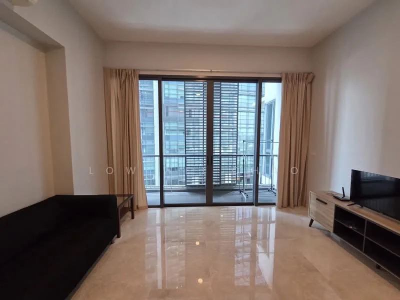 Living features: black fabric sofa, marble flooring, floor-to-ceiling windows, sliding glass door, sheer curtains, TV console, wall-mounted TV, decorative wall, open layout; style: modern; view: city.