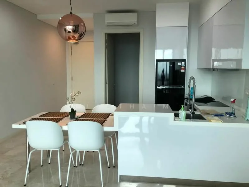 Kitchen features: white cabinetry, black refrigerator, stainless-steel sink, chrome pull-down faucet, marble countertop, pendant light, 4-seater dining table, white dining chairs, wall-mounted air conditioning unit, tile flooring, open layout; style: modern.