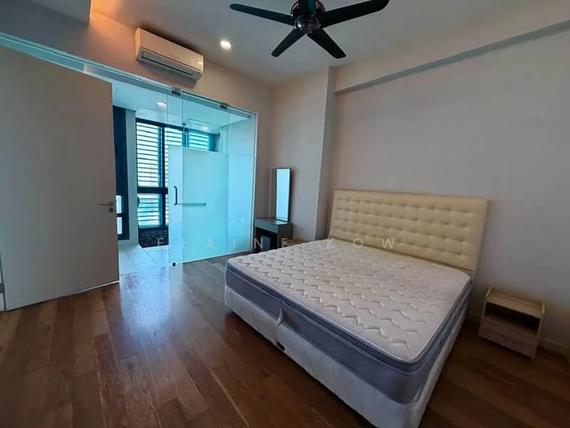 Bedroom features: queen-size bed, upholstered headboard, wooden flooring, 5-blade ceiling fan with light, floor-to-ceiling windows, glass sliding door, built-in wardrobe, nightstand, mirror, air conditioning unit; style: modern; view: city.