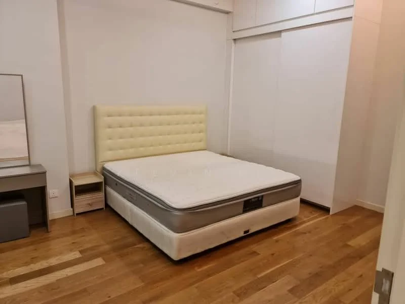 Bedroom features: king-size bed with upholstered headboard, wooden flooring, nightstand with drawer, white painted walls, built-in wardrobe, large window with sheer curtains; style: modern.