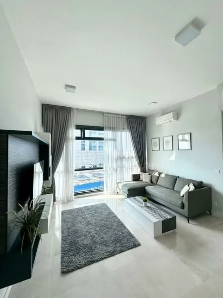 Living features: grey fabric sofa, coffee table with slatted design, area rug with solid color, floor-to-ceiling windows, sheer curtains, recessed downlights, wall-mounted TV unit, potted plant, air conditioning unit, light grey painted walls, marble tile flooring; style: modern; view: city.
