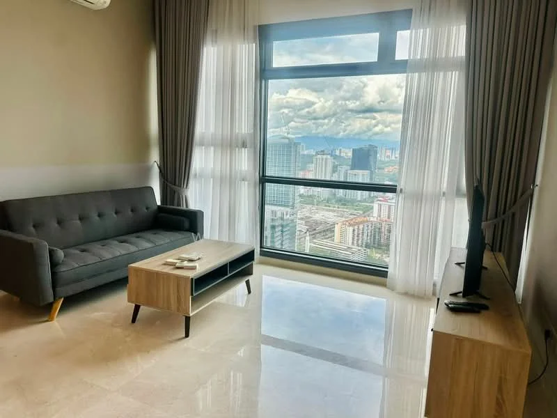 Living features: grey fabric sofa, wood coffee table, TV console, wall-mounted TV, floor-to-ceiling windows, sheer curtains, marble flooring, city skyline view, air conditioning unit, decorative items on coffee table; style: modern; view: city.