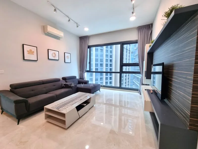 Living features: 3-seater fabric sofa in grey, marble tile flooring, wall-mounted TV, TV console with storage, floor-to-ceiling windows, sheer curtains, air conditioning unit, decorative wall with wood paneling, recessed downlights, area rug; style: modern; view: city.