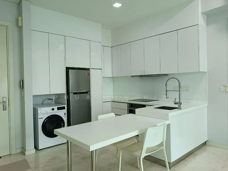 Kitchen features: white cabinetry, stainless-steel fridge, built-in oven, ceramic cooktop, single-bowl stainless-steel sink, chrome pull-down faucet, white quartz countertop, washing machine, dining table with white surface, white dining chairs, recessed downlights, marble tile flooring; style: modern.