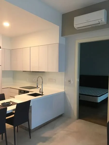 Kitchen features: white cabinetry, quartz countertop, single-bowl stainless-steel sink, chrome pull-down faucet, built-in oven, stainless-steel fridge, 4-burner gas hob, recessed downlights, wall-mounted split AC, dining table with 4 chairs, glass backsplash, open shelving; style: modern. Room features: bed with mattress, dark wall, doorway leading to another room.