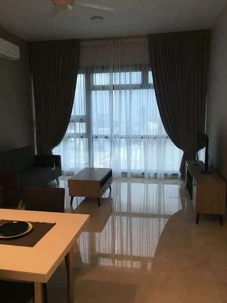 Living features: floor-to-ceiling windows, sheer curtains, 3-seater fabric sofa in grey, coffee table, TV console, wall-mounted TV, marble flooring, ceiling fan, decorative wall, neutral wall colour, area rug; style: modern; view: city.