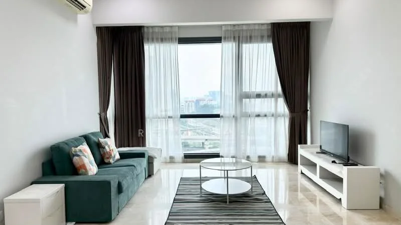 Living features: 3-seater fabric sofa in teal, decorative cushions, round glass coffee table, TV console in white, wall-mounted TV, area rug with striped pattern, floor-to-ceiling windows, sheer curtains, dark brown curtains, marble flooring, air conditioning unit; style: modern; view: city.
