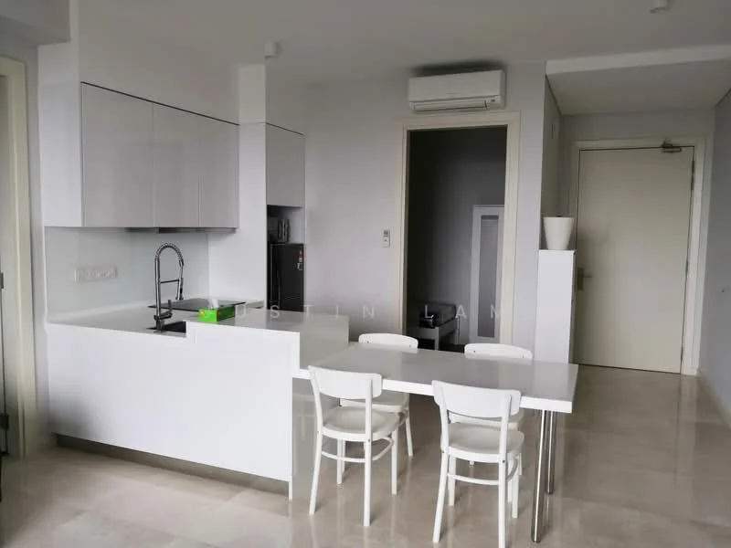 Kitchen features: white cabinetry, white countertop, single-bowl stainless-steel sink, chrome pull-down faucet, built-in fridge, 4-burner gas hob, exposed ductwork, marble tile flooring, recessed downlights, wall-mounted split AC, dining table for four, white dining chairs; style: modern. Room features: grey painted walls, door leading to another room.
