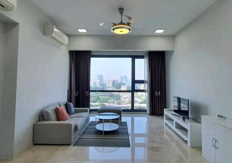 Living features: 3-seater fabric sofa in grey, decorative cushions in pink, coffee table with round top, area rug with striped pattern, wall-mounted TV, TV console in white, floor-to-ceiling windows, curtains in dark grey, marble flooring, 1 wall-mounted split AC, 5-blade ceiling fan with integrated LED light, recessed downlights; style: modern; view: city.