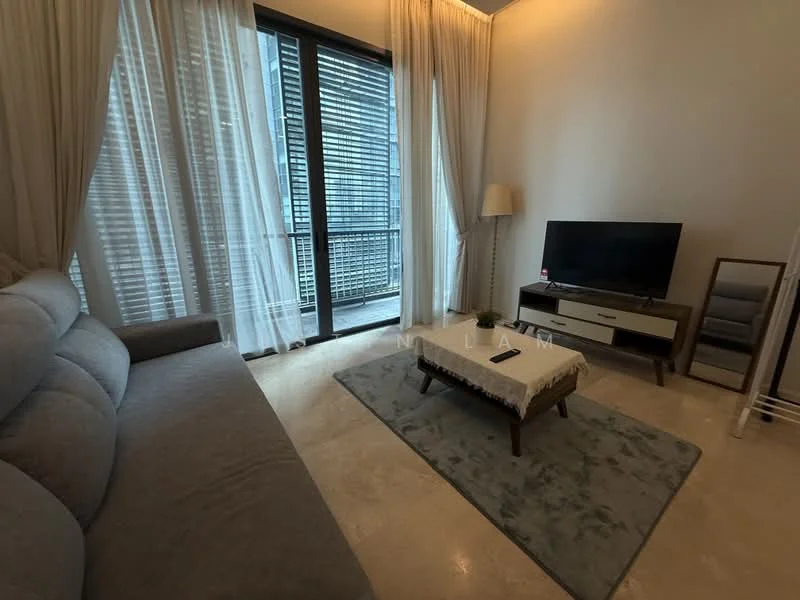 Living features: 3-seater fabric sofa in grey, coffee table, TV console, wall-mounted TV, area rug with geometric pattern, floor-to-ceiling windows, sheer curtains, laminate flooring, light-colored walls, lamp, decorative mirror; style: modern; view: city.