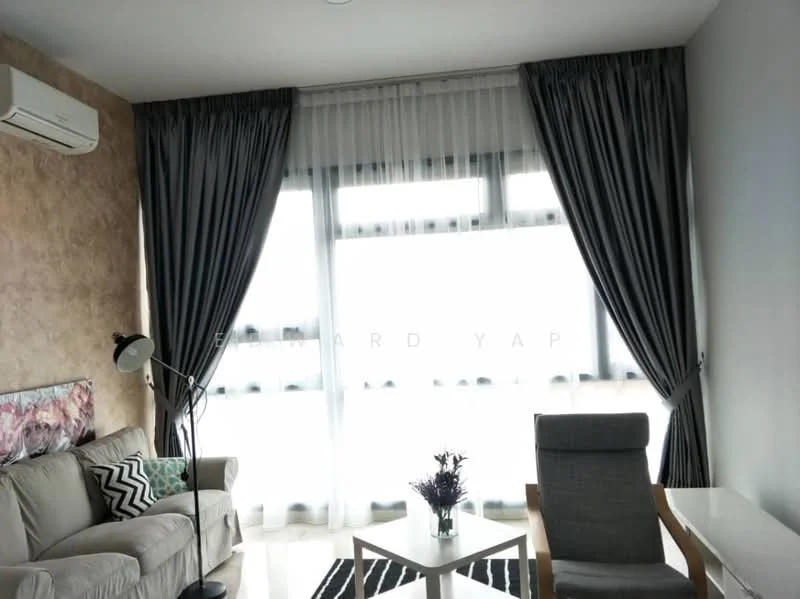 Living features: 3-seater fabric sofa in light grey, black and white geometric area rug, floor-to-ceiling windows, sheer curtains, blackout curtains, 1 wall-mounted split AC, decorative wall art, modern floor lamp, light wood coffee table, grey upholstered armchair; style: modern; view: city.