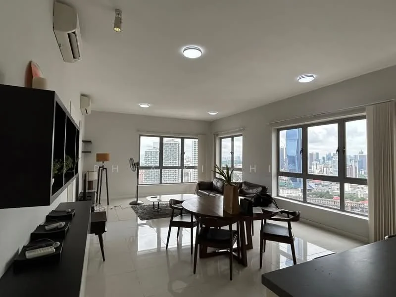 Living features: white painted walls, glossy tile flooring, recessed downlights, floor-to-ceiling windows, city skyline view, black wall-mounted shelf, round dining table, 4 wooden dining chairs, 2-seater leather sofa, coffee table, ceiling-mounted air conditioning unit, decorative plant; style: modern; view: city.