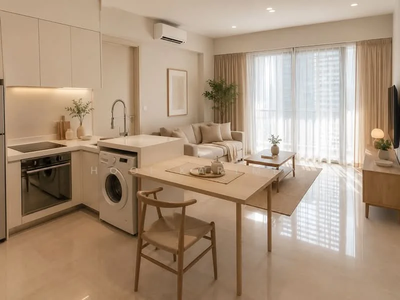 Kitchen features: white cabinetry, stainless-steel oven, stainless-steel cooktop, built-in microwave, single-bowl stainless-steel sink, chrome pull-down faucet, white quartz countertop, washing machine, open shelving; style: modern. Living features: beige fabric sofa, wood coffee table, area rug, floor-to-ceiling windows, sheer curtains, wall-mounted air conditioning unit, decorative plants, light wood side table, table lamp; style: modern.