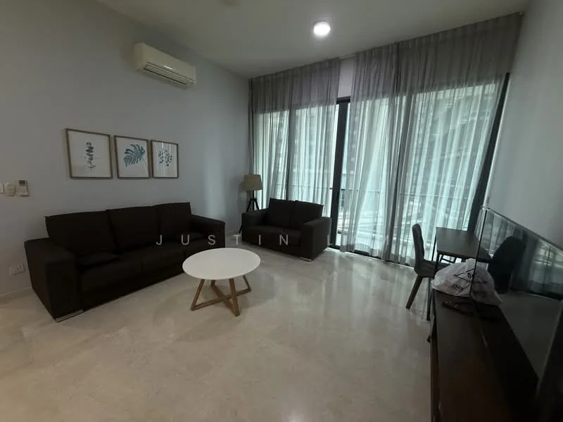 Living features: 2-seater fabric sofa in dark brown, 3-seater fabric sofa in dark brown, round coffee table with white top and wooden legs, TV console, wall-mounted TV, floor-to-ceiling windows with sheer curtains, air conditioning unit on wall, laminate flooring, decorative wall art with botanical prints, table with 4 chairs; style: modern.