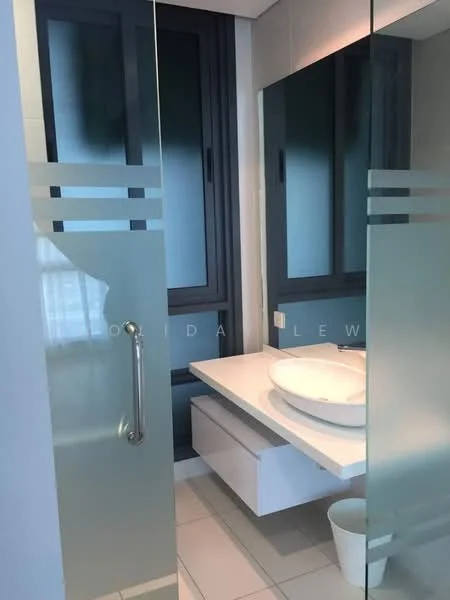 Bathroom features: floating vanity with white countertop, round vessel sink, chrome faucet, glass shower enclosure, grey tiled walls, white tiled flooring, dark cabinetry, large window with frosted glass, wall-mounted mirror, towel rack; style: modern.