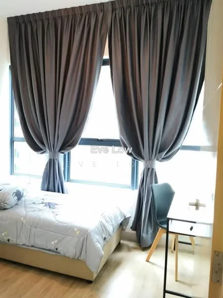 Bedroom features: queen-size bed with patterned bedding, floor-to-ceiling windows, grey curtains, wooden flooring, study desk with chair, decorative wall art, nightstand, built-in wardrobe; style: modern.