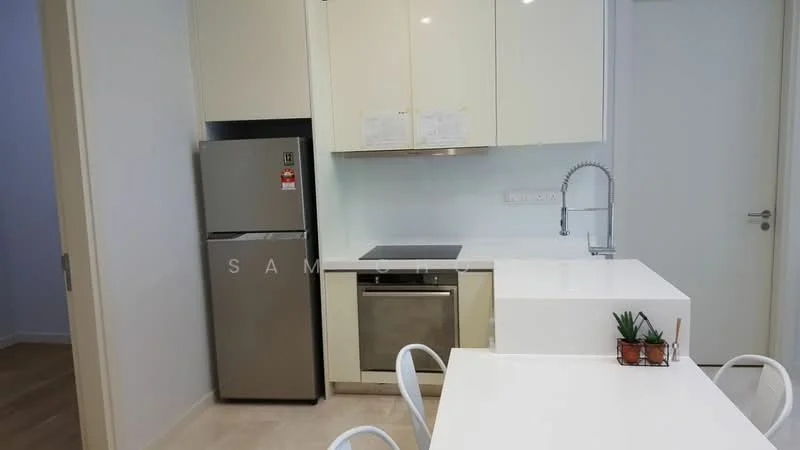 Kitchen features: white cabinetry, stainless-steel fridge, built-in oven, stainless-steel dishwasher, white countertop, single-bowl stainless-steel sink, chrome pull-down faucet, induction cooktop, open shelving, dining table with white chairs; style: modern.