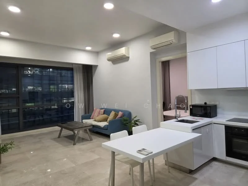 Living features: light grey walls, marble tile flooring, floor-to-ceiling windows, sheer curtains, 2 wall-mounted split ACs, 3-seater fabric sofa in blue, coffee table, dining table with 2 chairs, recessed downlights, kitchenette with white cabinetry, microwave, built-in oven, sink, countertop; style: modern; view: city.