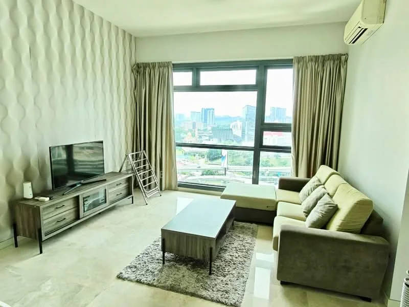 Living features: beige L-shape sectional sofa, coffee table, TV console, wall-mounted TV, area rug with geometric pattern, floor-to-ceiling windows, sheer curtains, marble tile flooring, 1 wall-mounted split AC, decorative wall with 3D texture; style: modern; view: city.