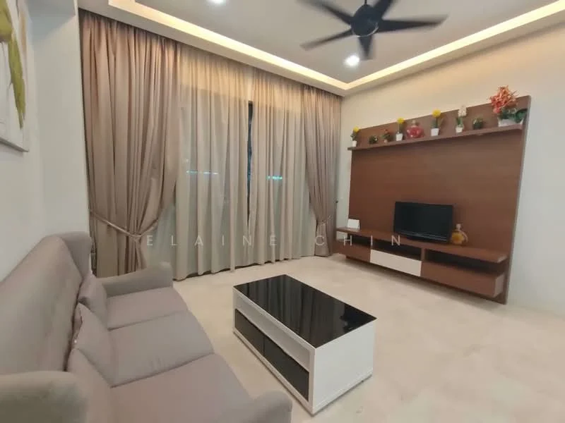 Living features: 3-seater fabric sofa in light grey, black and white coffee table, wall-mounted TV, wooden TV console, decorative shelves with plants, floor-to-ceiling windows with sheer curtains, recessed ceiling lights, ceiling fan with light, cream painted walls, light-colored flooring; style: modern.