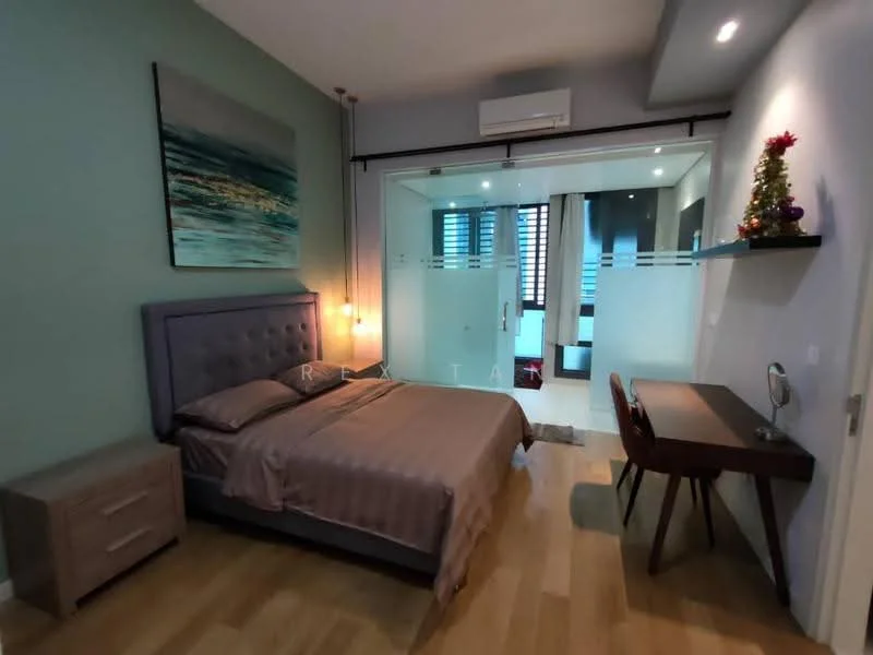 Bedroom features: queen-size bed with upholstered headboard, grey bedding, wooden bedside table, wall-mounted light fixture, large window with sheer curtains, wooden flooring, decorative painting on wall, study desk with mirror, air conditioning unit, glass partition leading to another room; style: modern.
