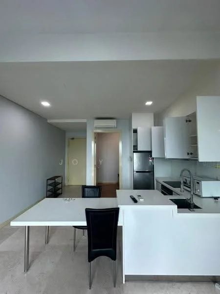 Kitchen features: white cabinets, stainless-steel fridge, built-in microwave, stainless-steel sink, chrome pull-down faucet, black dining table, black dining chairs, ceramic tile flooring, recessed downlights, open layout, countertop with breakfast bar; style: modern. Living features: grey painted walls, air conditioning unit, light-colored flooring, open space layout; style: modern.