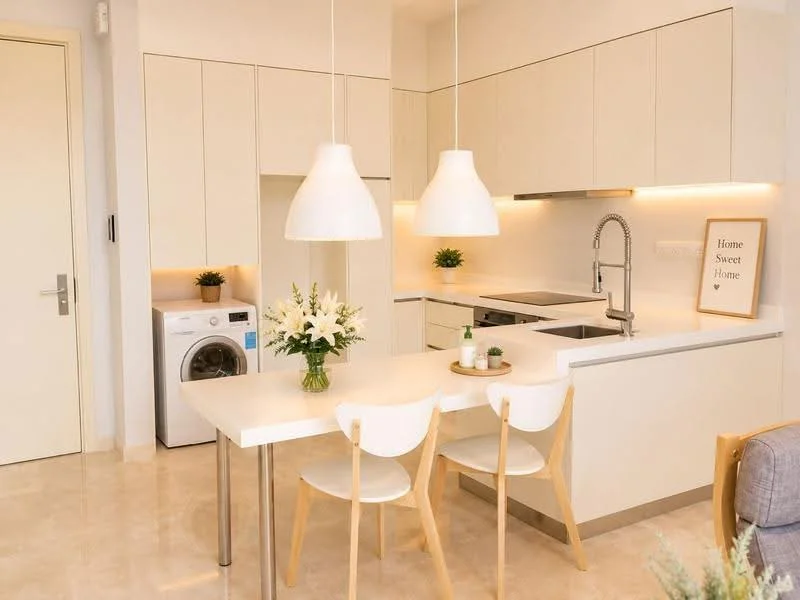 Kitchen features: white cabinetry, marble countertop, single-bowl stainless-steel sink, chrome pull-down faucet, built-in oven, stainless-steel range hood, 4-burner gas hob, washing machine, pendant lighting, table with 2 chairs, decorative vase with flowers, recessed LED downlights, cream painted walls, tile flooring; style: modern.