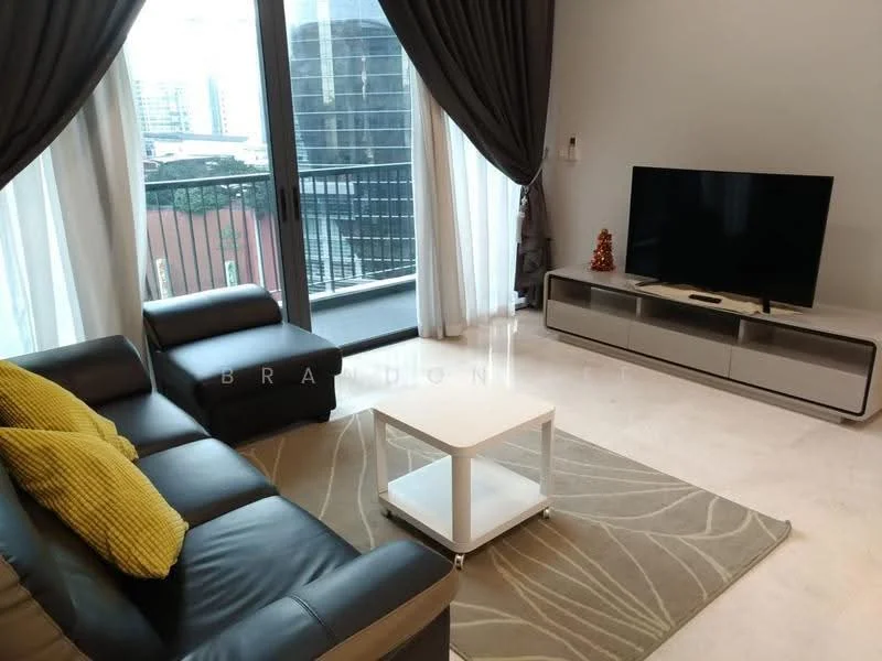 Living features: 3-seater leather sofa in black, yellow accent pillow, white coffee table, TV console in grey, wall-mounted TV, floor-to-ceiling windows, sheer curtains, balcony access, area rug with abstract pattern, marble flooring, decorative figurine, recessed downlights, grey accent wall; style: modern; view: city.