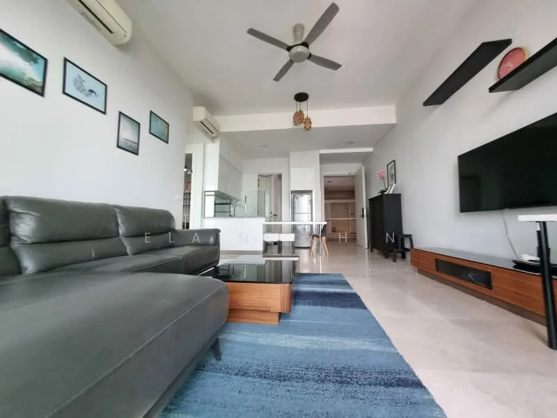 Living features: 3-seater leather sofa in dark grey, coffee table with wooden top, area rug with blue and grey stripes, wall-mounted TV, TV console with wooden finish, ceiling fan with light, marble flooring, decorative wall shelves, framed artwork on walls, open layout to kitchen, large windows for natural light; style: modern.